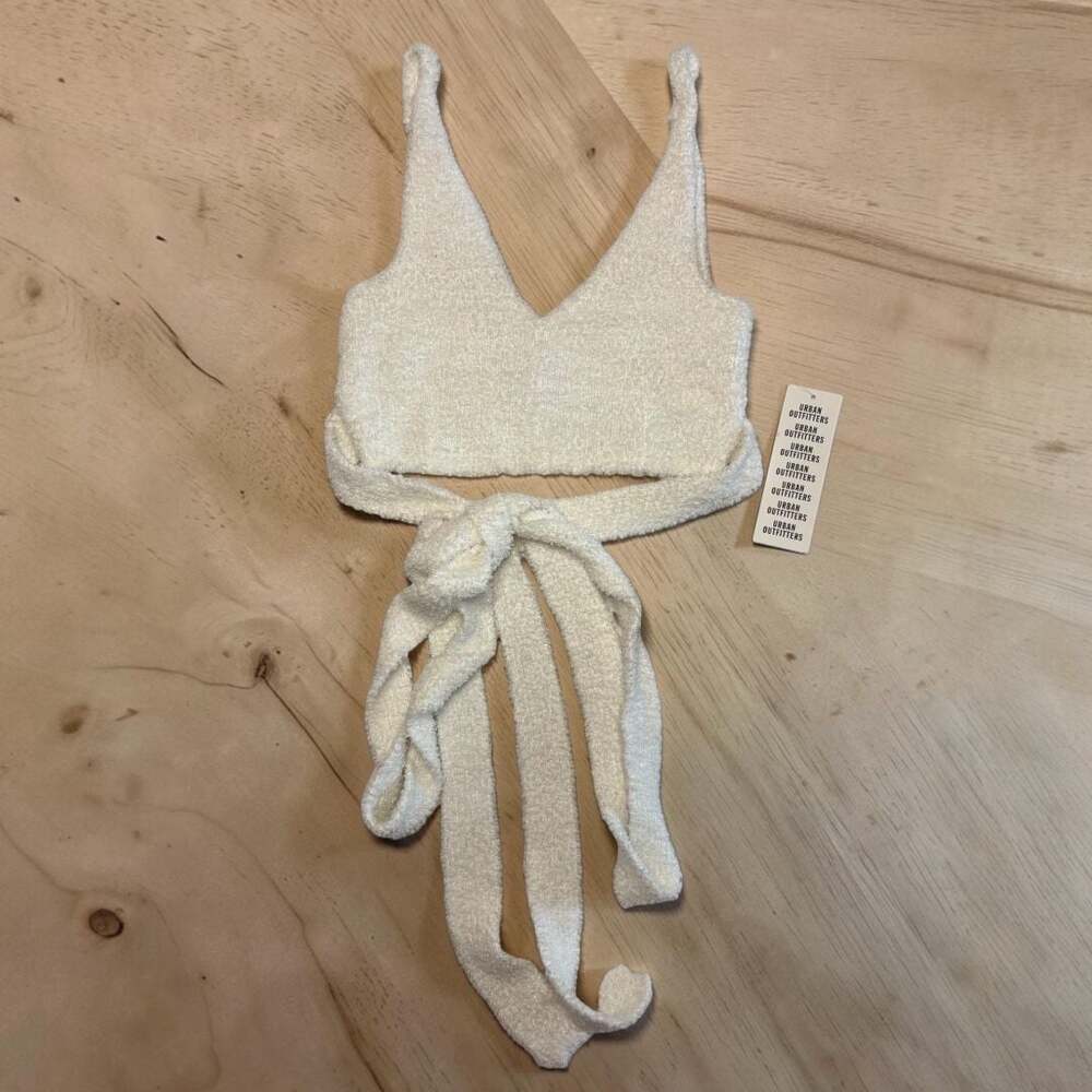 Urban Outfitters Out From Under Ivory Fuzzy Knit Tie-Back Crop Top Tank SZ XS